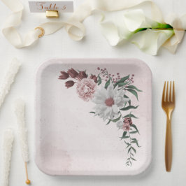 roze kaneel roos witte florale bruiloft papieren bordje