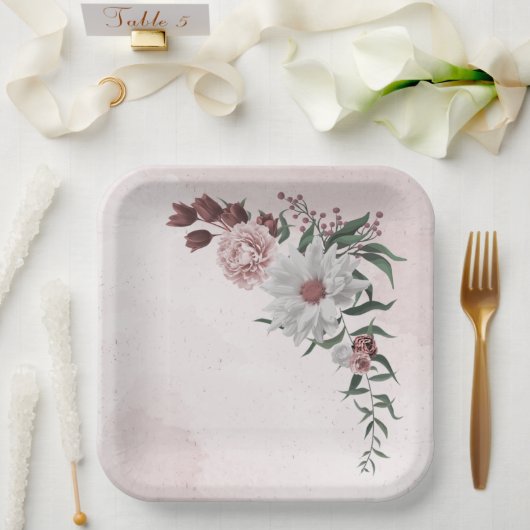 roze kaneel roos witte florale bruiloft papieren bordje (Huwelijk)