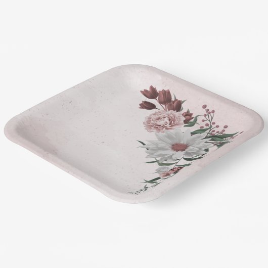 roze kaneel roos witte florale bruiloft papieren bordje (Gebogen)