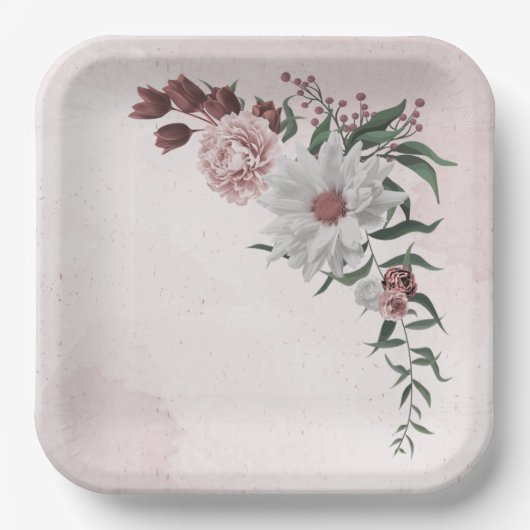 roze kaneel roos witte florale bruiloft papieren bordje (Voorkant)