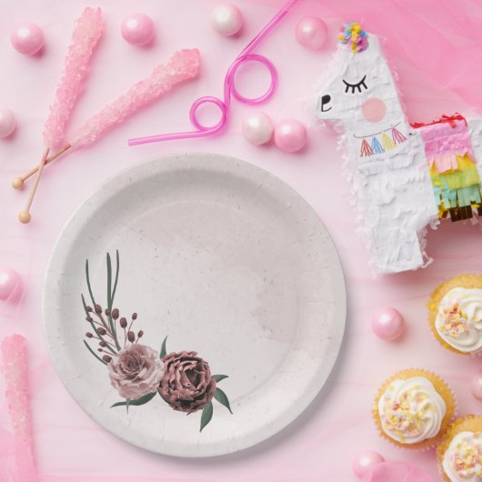 roze kaneel roos witte florale bruiloft papieren bordje (Feest)