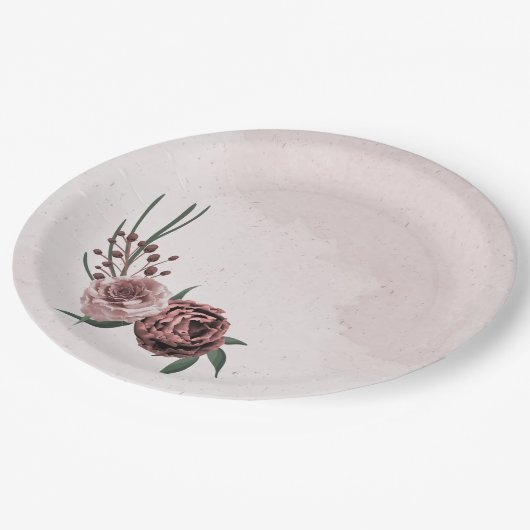 roze kaneel roos witte florale bruiloft papieren bordje (Gekanteld)