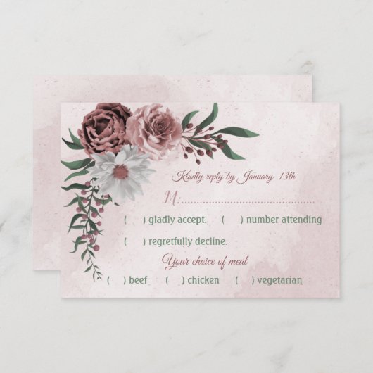 roze kaneel roos witte griesmeel keuze RSVP kaartje (Voorkant / Achterkant)