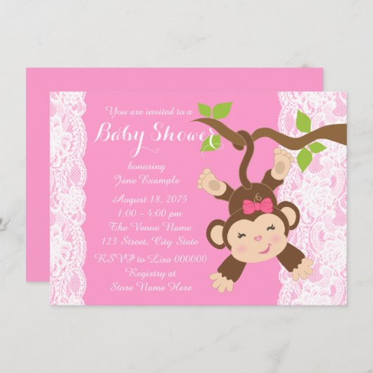 Roze Kant Aap Baby Meisje Douche Kaart (Voorkant / Achterkant)