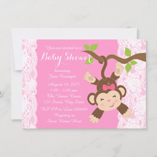 Roze Kant Aap Baby Meisje Douche Kaart (Voorkant)