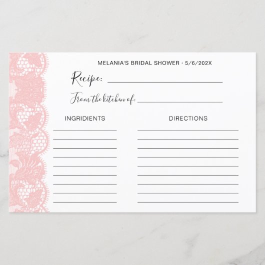 Roze Kant Bruidsbruiloft Receptkaarten (Voorkant)