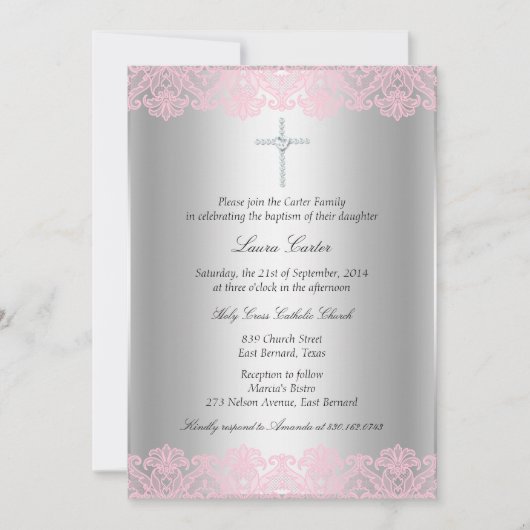 Roze kant & Cross Baptism/Christening Uitnodiging (Voorkant)