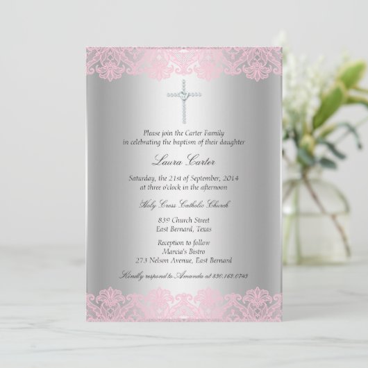 Roze kant & Cross Baptism/Christening Uitnodiging (Staand voorkant)