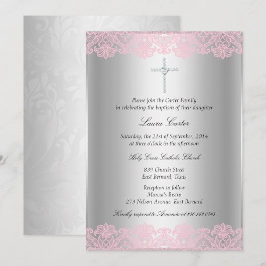 Roze kant & Cross Baptism/Christening Uitnodiging (Voorkant / Achterkant)