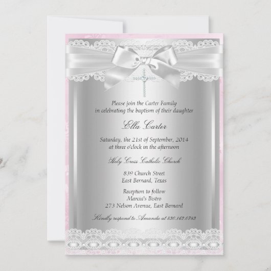 Roze kant Cross Baptism/Christening Uitnodiging (Voorkant)
