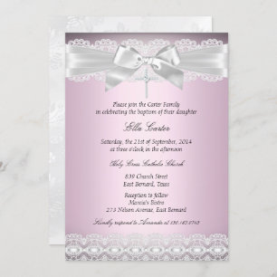  roze kant & cross-baptisme uitnodigen kaart