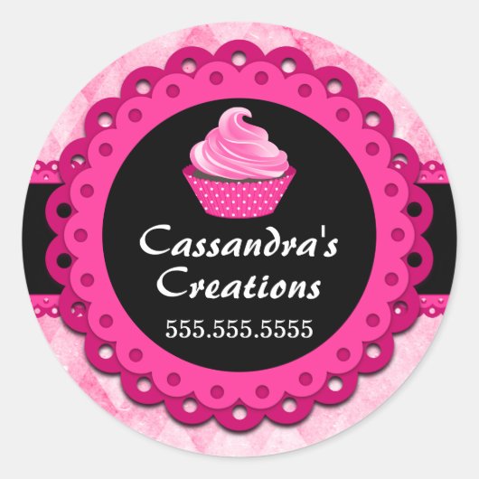 Roze Kant Cupcake Bakkerij Box Seals Ronde Sticker (Voorkant)