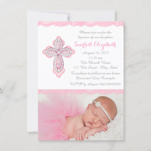 Roze Kant Diamanten Kruis Foto Doop Christening Kaart