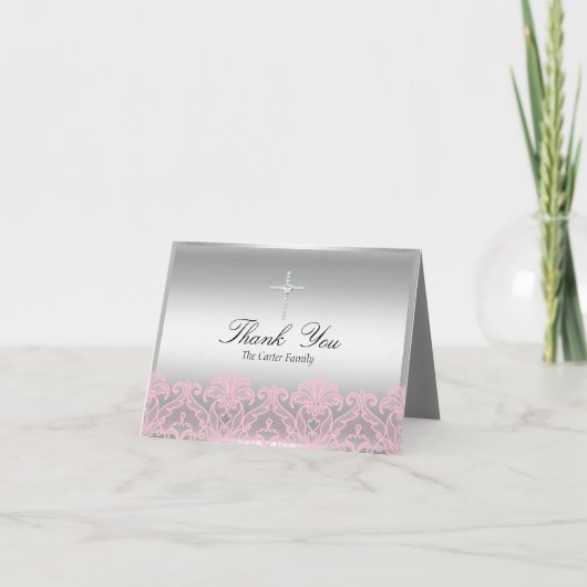 Roze Kant & Doop Kruis Bedankkaart (Voorkant)