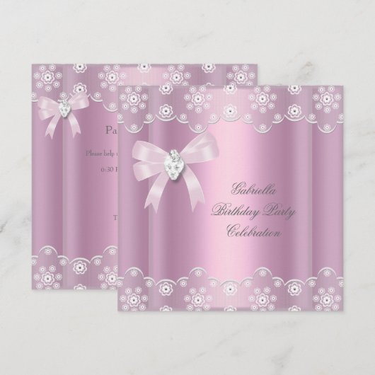 Roze kant Elegant Birthday Party Diamond Bow Kaart (Voorkant / Achterkant)
