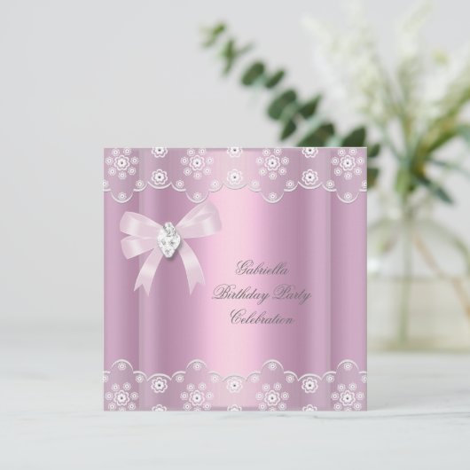 Roze kant Elegant Birthday Party Diamond Bow Kaart (Staand voorkant)