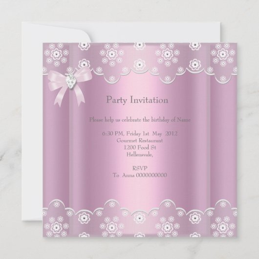 Roze kant Elegant Birthday Party Diamond Bow Kaart (Achterkant)