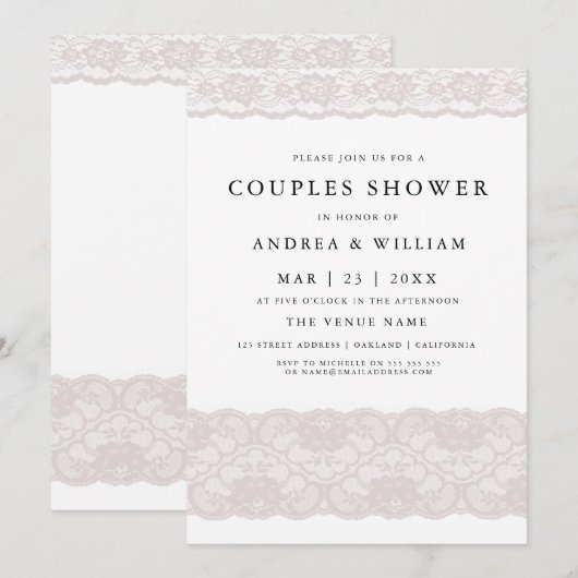 Roze kant Elegant Moderne Couples Shower Uitnodigi Kaart (Voorkant / Achterkant)