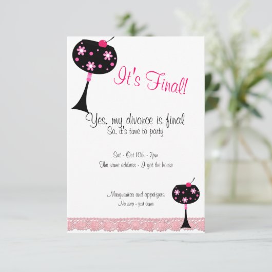 Roze kant en een Big Drink Divorce Party Invitatio Kaart (Staand voorkant)