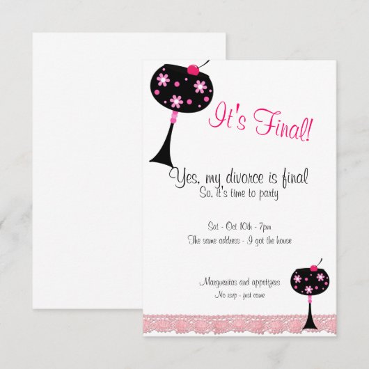 Roze kant en een Big Drink Divorce Party Invitatio Kaart (Voorkant / Achterkant)