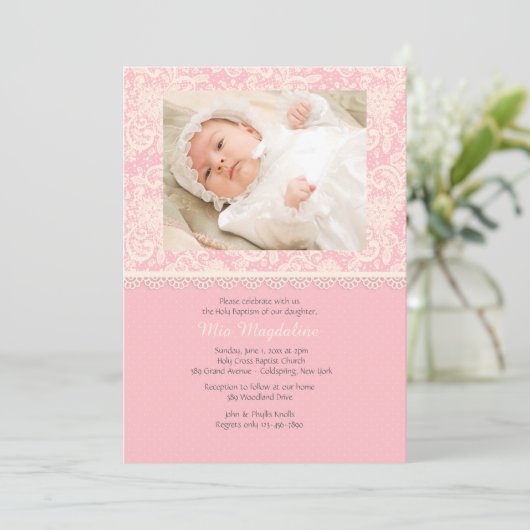 Roze kant en Polka Dots Fotouitnodiging Kaart (Staand voorkant)