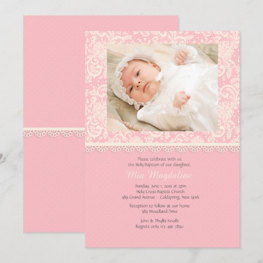 Roze kant en Polka Dots Fotouitnodiging Kaart (Voorkant / Achterkant)