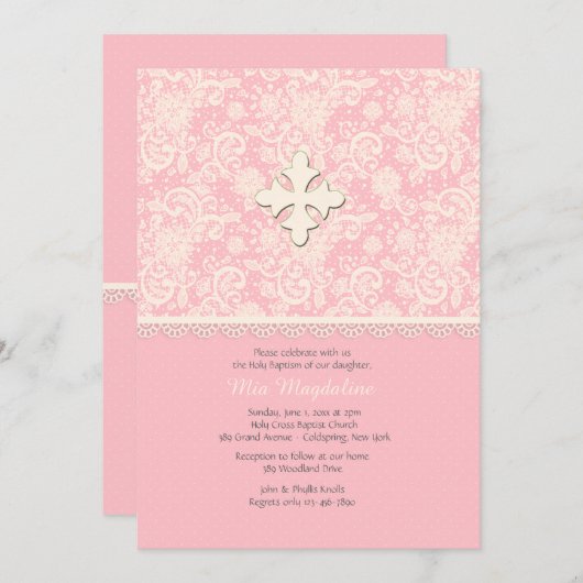 Roze kant en Polka Dots Uitnodiging (Voorkant / Achterkant)