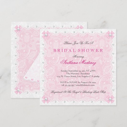 Roze kant en wit parels Vrijgezellenfeest uitnodig Kaart (Voorkant / Achterkant)