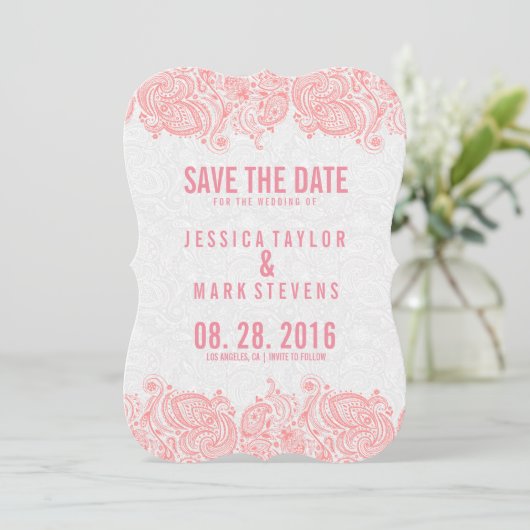 Roze kant en witte schade slaan de datum op save the date (Staand voorkant)