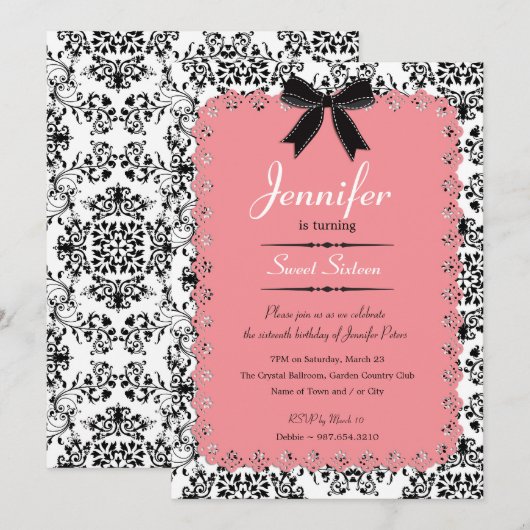 Roze Kant en Zwart & Wit Damask Sweet 16 5x7 Kaart (Voorkant / Achterkant)