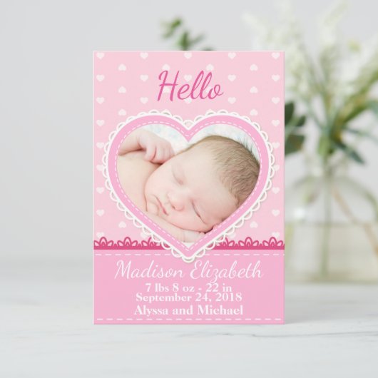 Roze kant hart geboorteaankondiging aankondiging (Staand voorkant)
