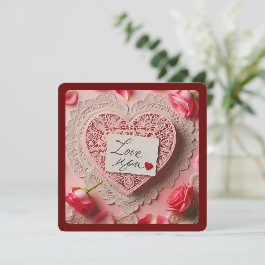 Roze Kant Hart Liefde Je Nota VALENTIJN Feestdagenkaart (Staand voorkant)