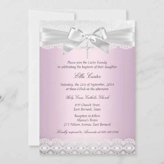  roze kant kruis baptisme uitnodigen kaart (Voorkant)