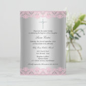 Roze Kant & Kruis Doop Uitnodiging (Staand voorkant)