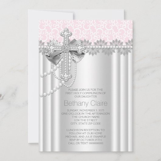 Roze kant kruis eerste communie kaart (Voorkant)