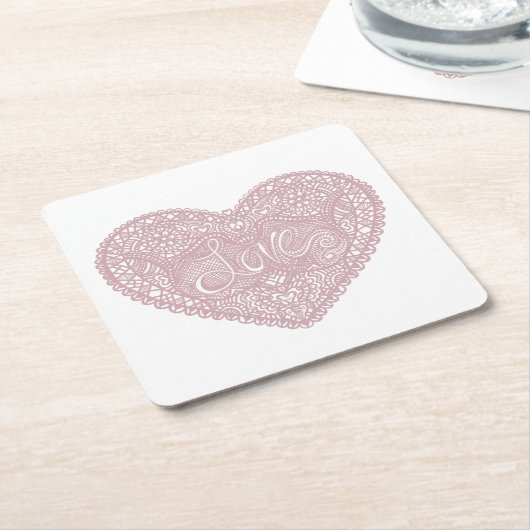 Roze kant liefdeshart kartonnen onderzetters (Schuin)