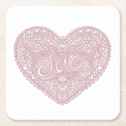 Roze kant liefdeshart kartonnen onderzetters (Voorkant)