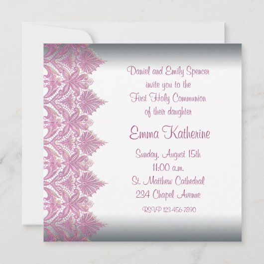 Roze kant meisjes eerste communie kaart (Achterkant)