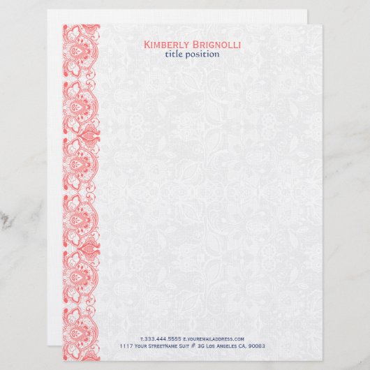 Roze kant met witte Damasjes Briefhoofd (Voorkant / Achterkant)