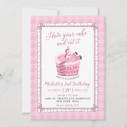 Roze kant nu eet je taart en eet het verjaardag kaart (Voorkant)