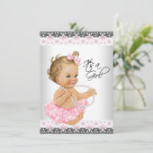 Roze Kant Roze Grijs Baby Meisje Douche Kaart (Staand voorkant)