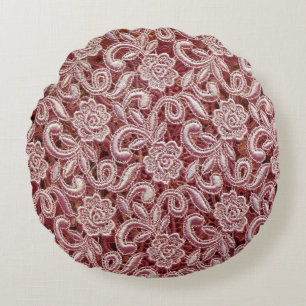 Roze kant,  rozen patroon. rond kussen