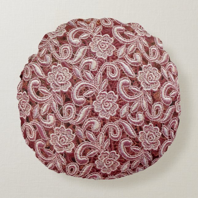 Roze kant,  rozen patroon. rond kussen (Voorkant)