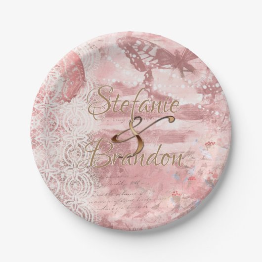  roze kant (vlinder) papieren bordje (Voorkant)