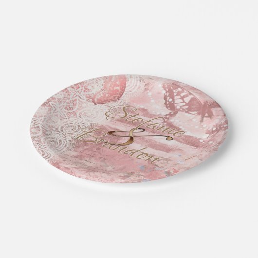  roze kant (vlinder) papieren bordje (Gekanteld)