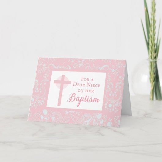 Roze Kanten Meisje Doop Kaart (Voorkant)