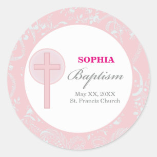 Roze Kanten Meisje Doop Ronde Sticker
