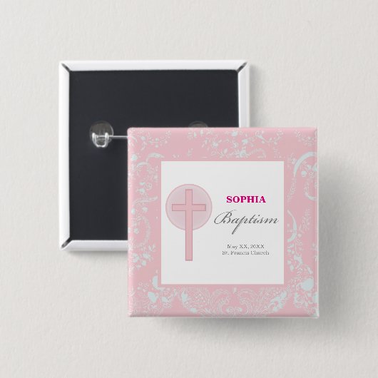 Roze Kanten Meisje Doop Vierkante Button 5,1 Cm (Voorkant /achterkant)