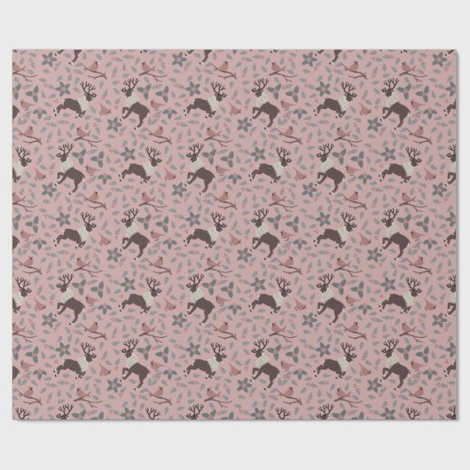 Roze kardinalen en rendieren cadeaupapier (Vlak)