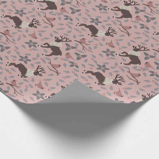 Roze kardinalen en rendieren cadeaupapier (Hoek)